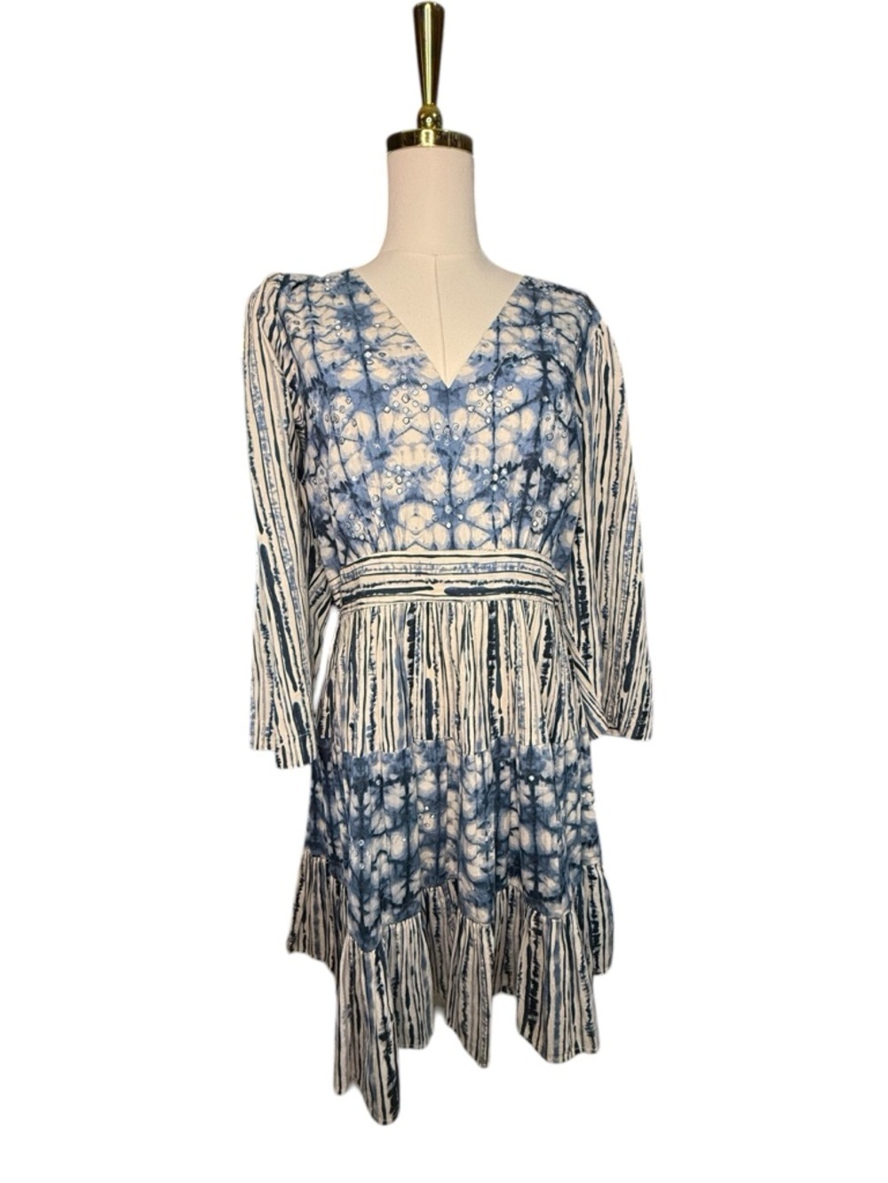 Anthropologie Not So Serious Behati Blue Tie-Dye V-Neck Tiered Mini Dress Size M